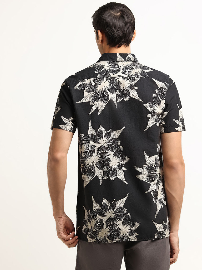 WES Casuals Black Floral Printed Cotton Slim Fit Shirt