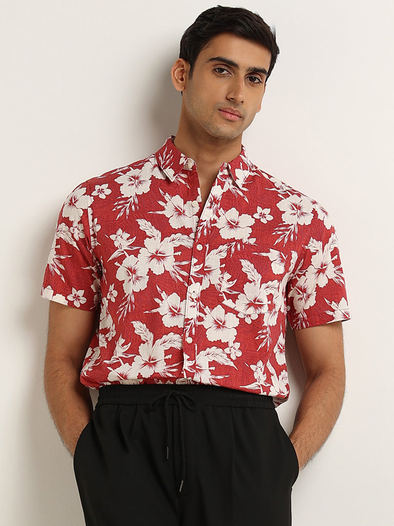 WES Casuals Red Floral Slim Fit Printed Cotton Shirt