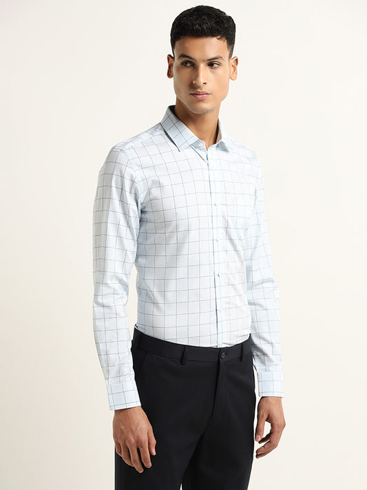 WES Formals Light Blue Checkered Cotton Blend Slim Fit Shirt
