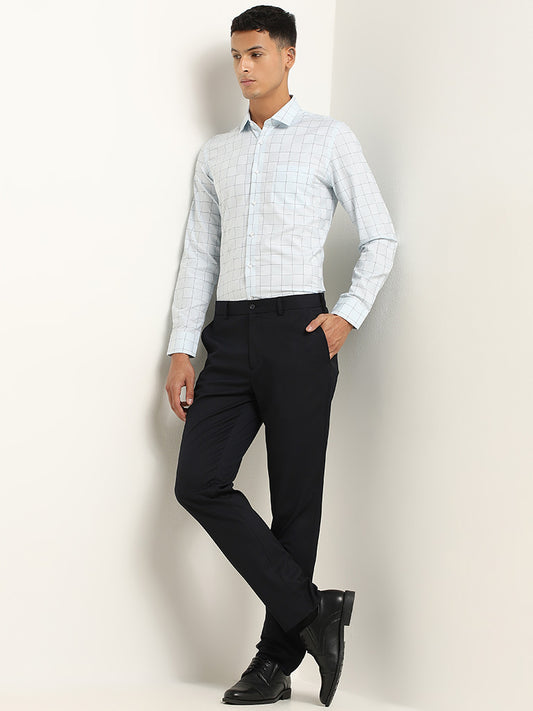 WES Formals Light Blue Checkered Cotton Blend Slim Fit Shirt