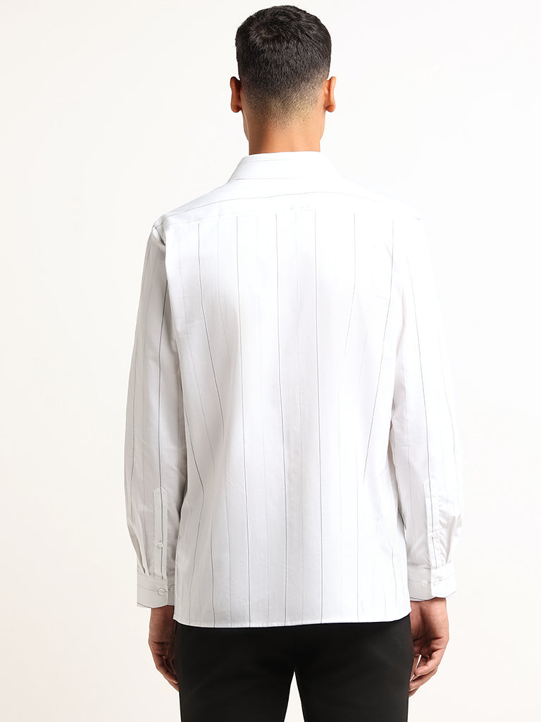 WES Formals White Striped Cotton Slim Fit Shirt