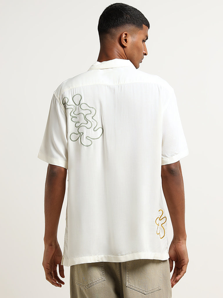 Nuon Off-White Embroidered Cotton Relaxed Fit Shirt