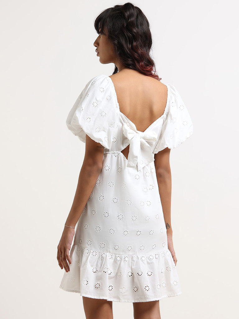 Nuon White Schiffli Cotton Tiered Dress