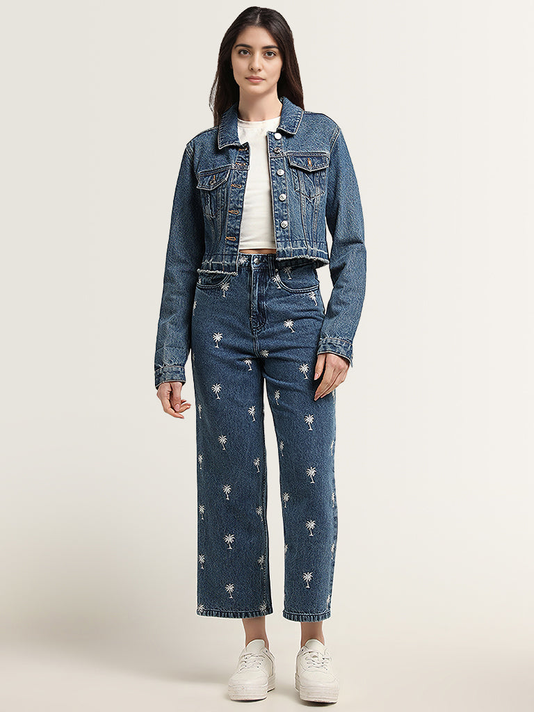 Nuon Blue Embroidered High Rise Relaxed Fit Jeans