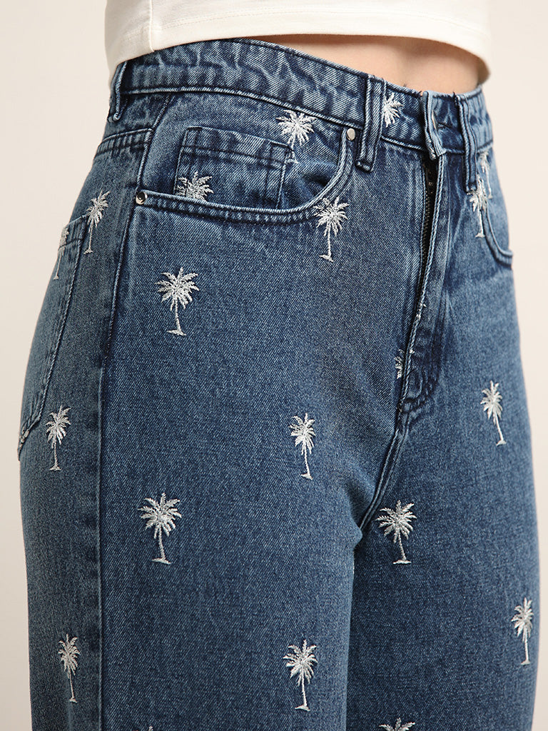 Nuon Blue Embroidered High Rise Relaxed Fit Jeans