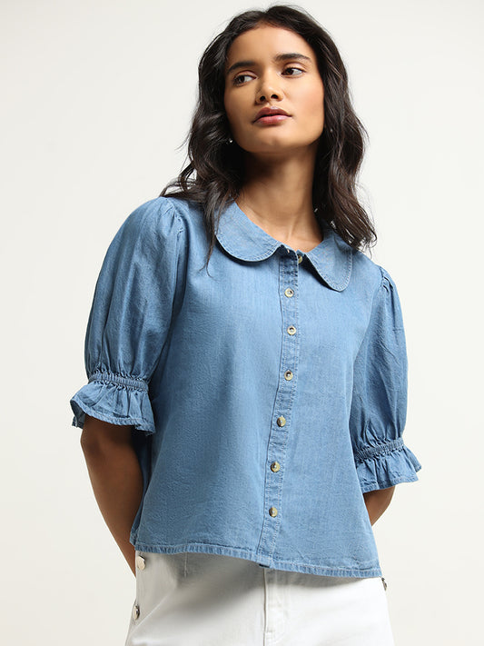 LOV Blue Puff-Sleeves Cotton Blend Shirt