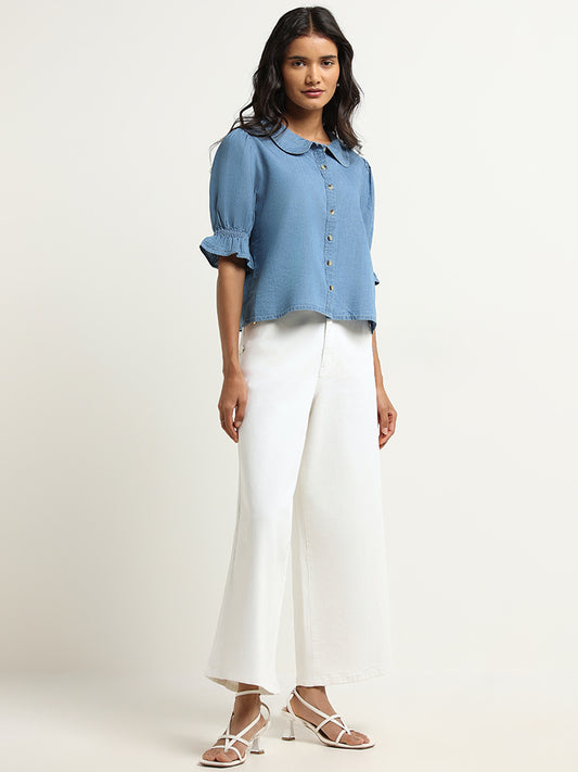 LOV Blue Puff-Sleeves Cotton Blend Shirt