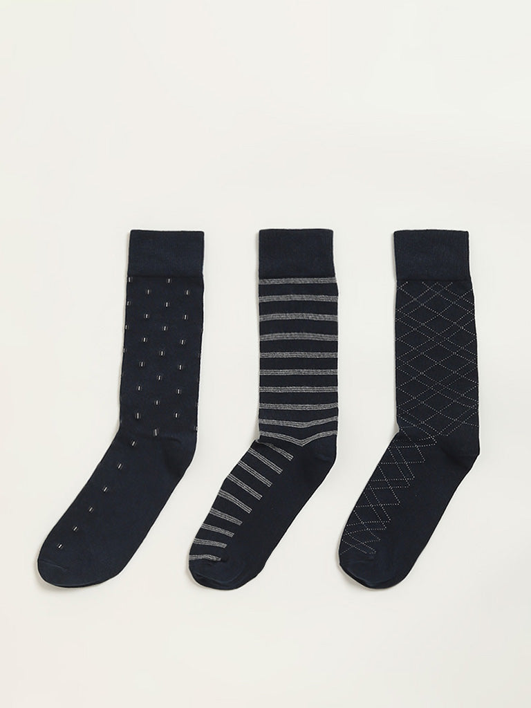 WES Lounge Navy Printed Cotton Blend Full Length Socks - Pack of 3