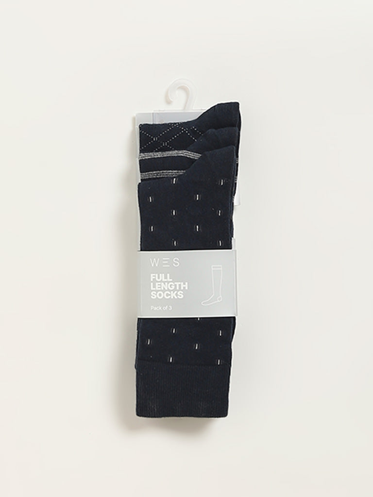 WES Lounge Navy Printed Cotton Blend Full Length Socks - Pack of 3