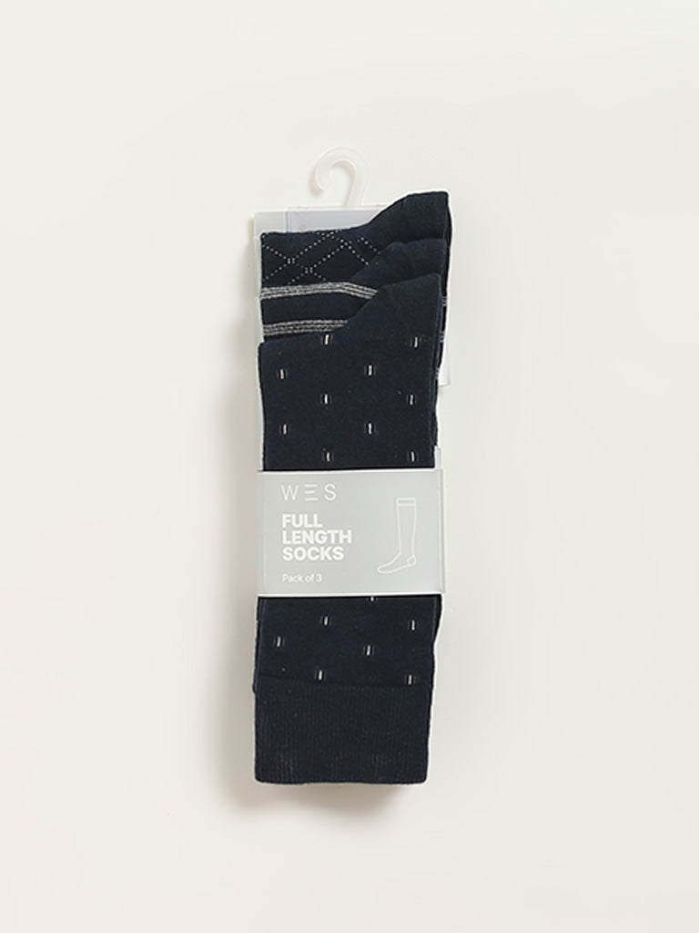 WES Lounge Navy Printed Cotton-Blend Full Length Socks - Pack of 3