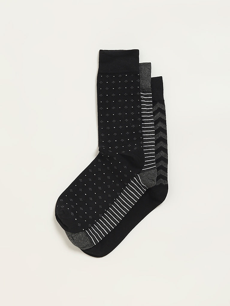 WES Lounge Black Printed Full-Length Socks - Pack of 3