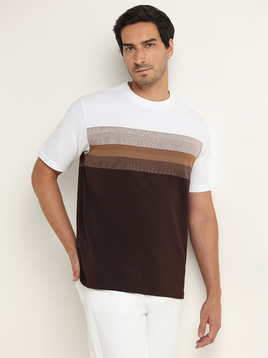 WES Lounge Brown Striped Relaxed Fit T-Shirt