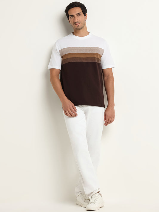 WES Lounge Brown Striped Cotton Blend Relaxed Fit T-Shirt