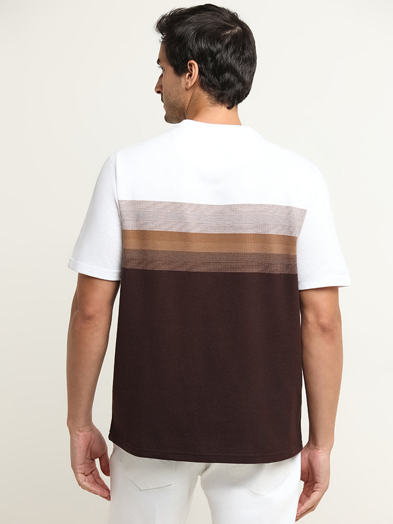 Westside WES Lounge Men's Brown Striped Cotton-Blend Relaxed Fit T-Shirt for Casual Wear Back View