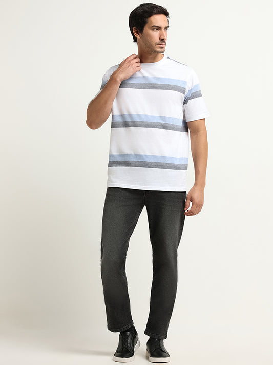 WES Lounge Blue Striped Cotton Blend Relaxed Fit T-Shirt