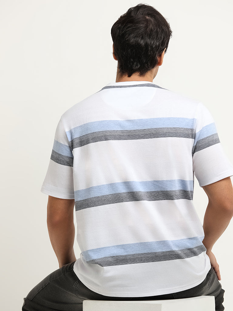 Westside WES Lounge Men's Blue Striped Cotton-Blend Relaxed Fit T-Shirt for Casual Wear Back View