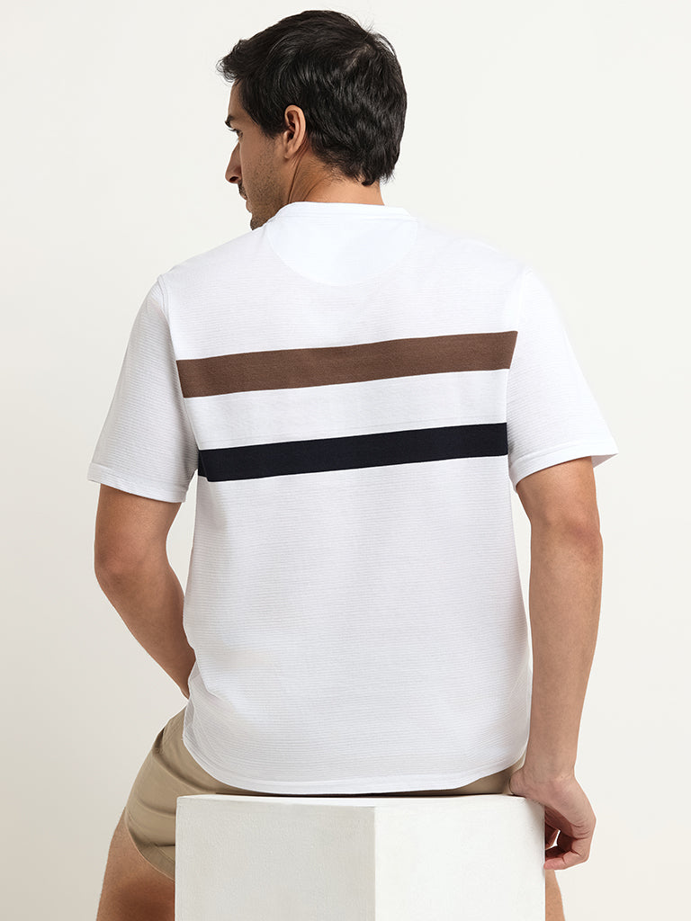 Westside WES Lounge Men's White Striped Cotton-Blend Relaxed Fit T-Shirt for Casual Wear Back View