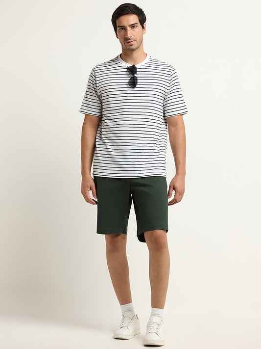 WES Lounge White Striped Cotton Blend Relaxed Fit T-Shirt