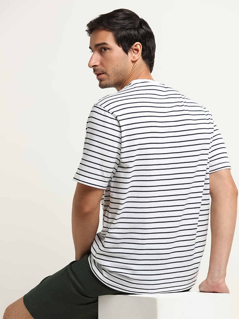 Westside WES Lounge Men's White Striped Cotton-Blend Relaxed Fit T-Shirt for Casual Wear Back View