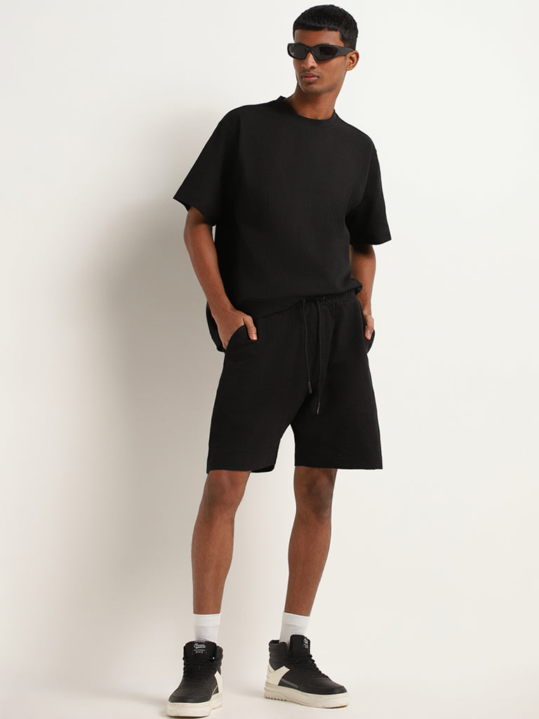 Studiofit Black Ribbed Textured Relaxed Fit T-Shirt
