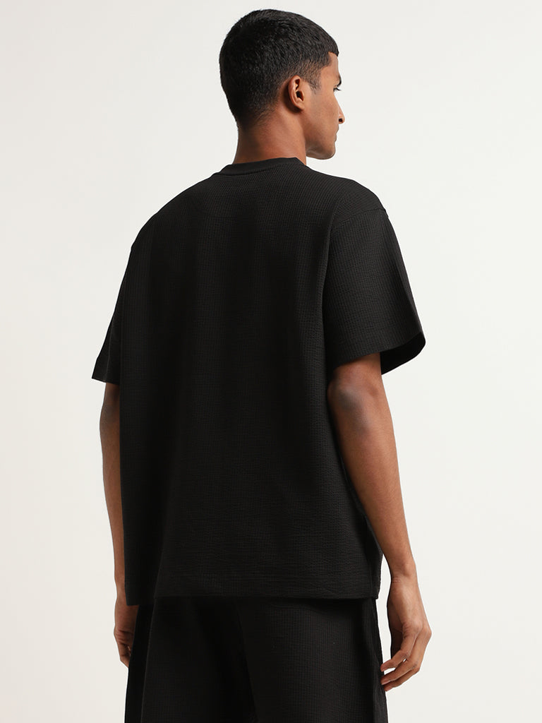 Studiofit Black Ribbed Textured Relaxed Fit T-Shirt