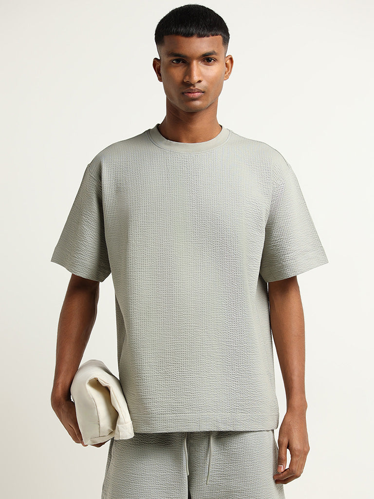 Studiofit Sage Green Ribbed Textured Relaxed Fit T-Shirt