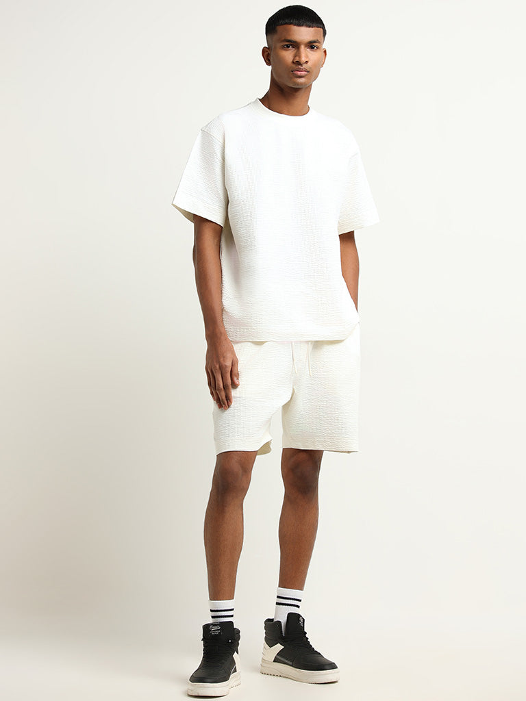 Studiofit Off-White Ribbed Textured Relaxed Fit T-Shirt