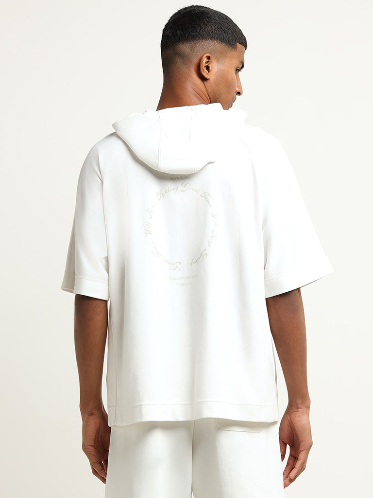 Studiofit Off-White Printed Hoodie Relaxed Fit T-Shirt
