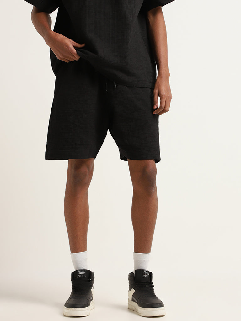 Studiofit Black Ribbed Textured Mid Rise Relaxed Fit Shorts
