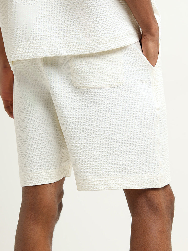 Studiofit Off-White Ribbed Textured Mid Rise Relaxed Fit Shorts