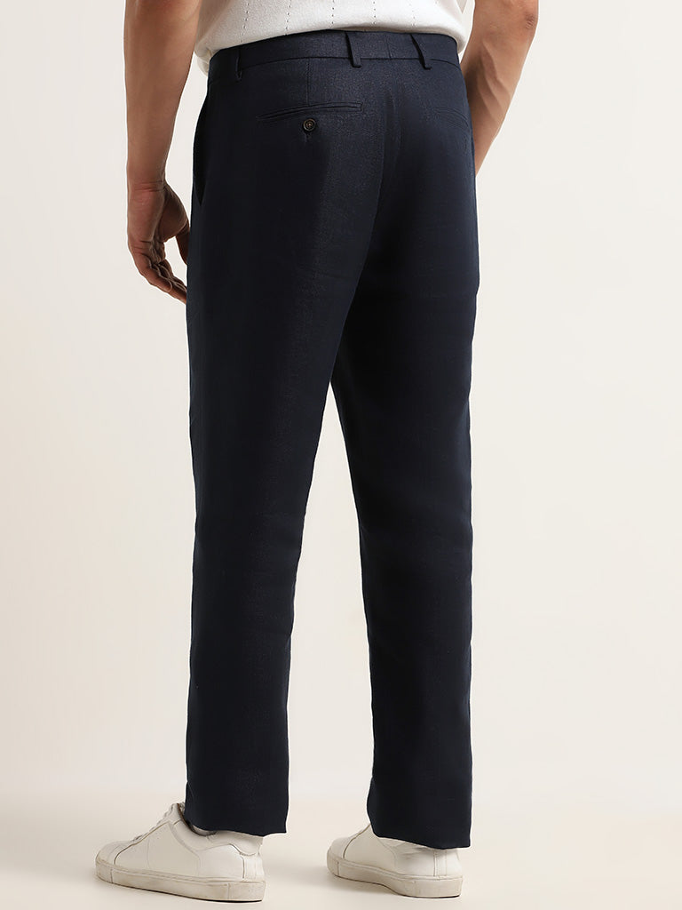 Ascot Solid Navy Mid Rise Relaxed Fit Linen Chinos