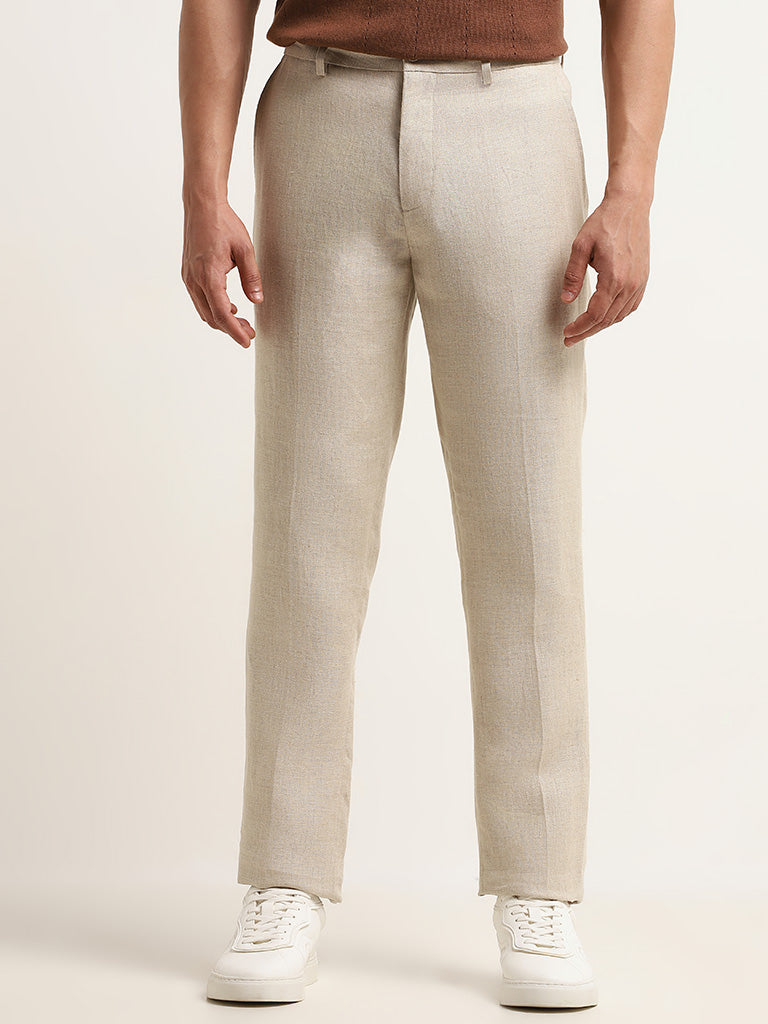Ascot Solid Beige Mid Rise Relaxed Fit Linen Chinos