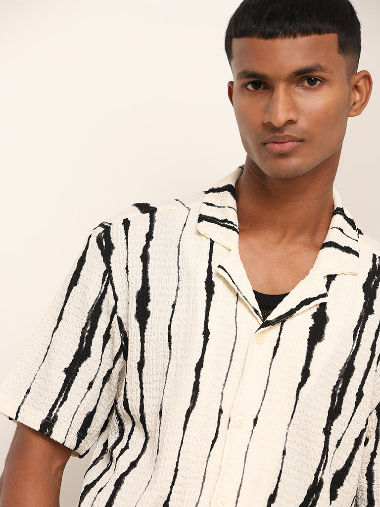 Nuon Off-White Striped Self-Textured Cotton Relaxed Fit Shirt
