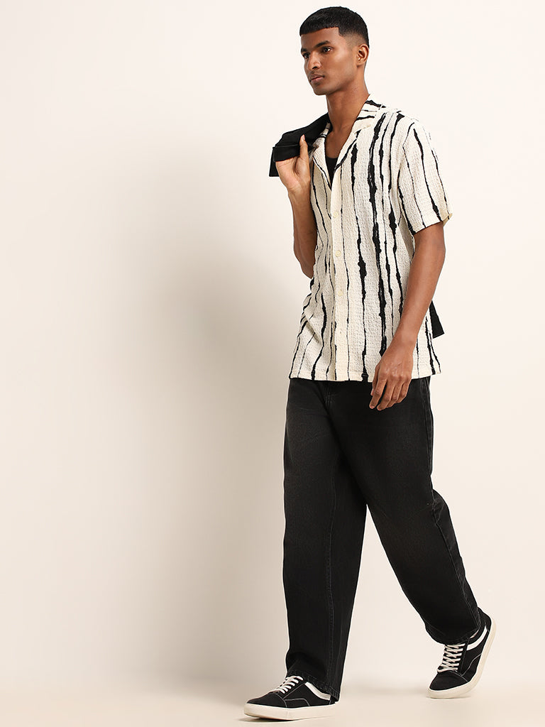 Nuon Off-White Striped Self-Textured Cotton Relaxed Fit Shirt