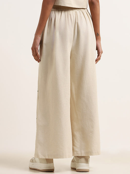 Bombay Paisley Off-White Wide-Leg Embroidered Cotton Pants