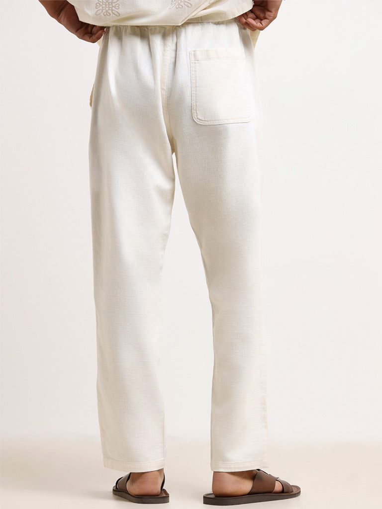 Westside ETA Men's Cream Mid-Rise Cotton Relaxed Fit Chinos for Casual Wear Back View