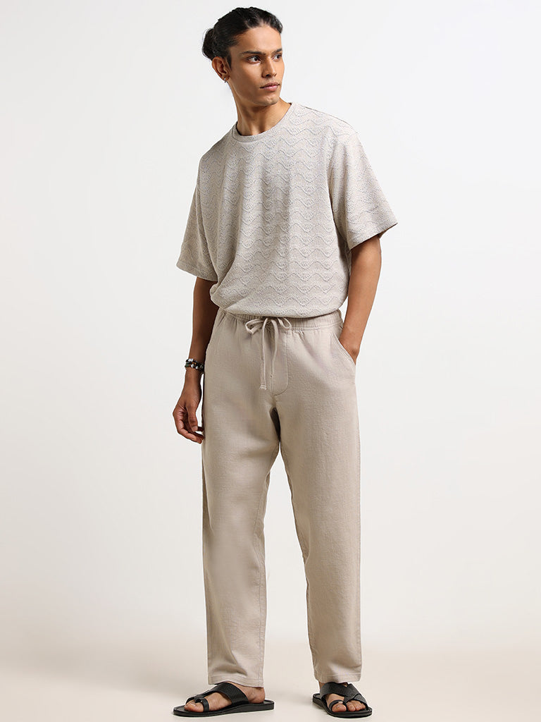Westside ETA Men's Beige Mid-Rise Cotton Relaxed Fit Chinos for Casual Wear Full View