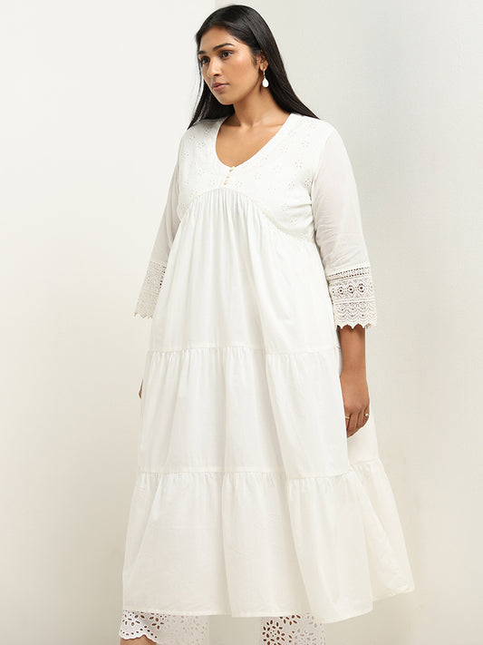 Diza White Schiffli Design Fit-and-Flare Cotton Kurta
