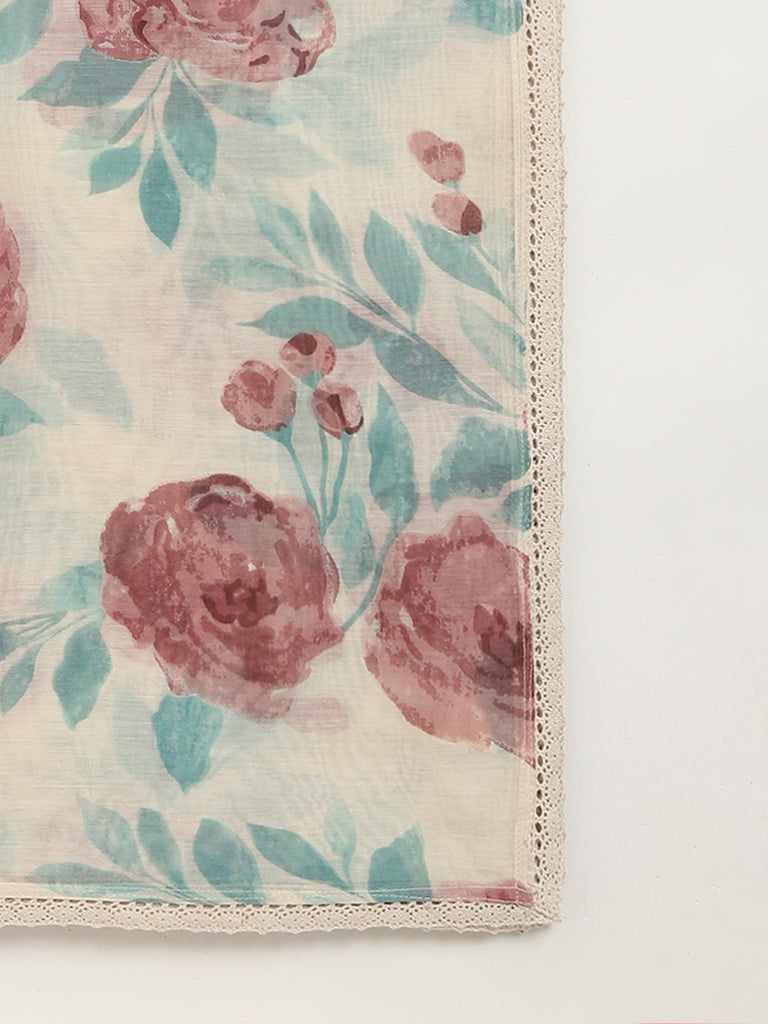 Zuba Off-White Floral Print Cotton-Blend Dupatta