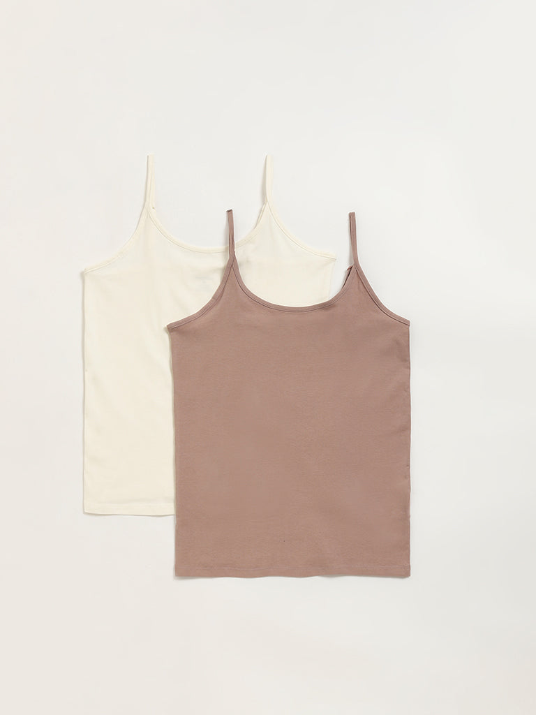 Wunderlove Off-White Cotton Blend Camisoles - Pack of 2