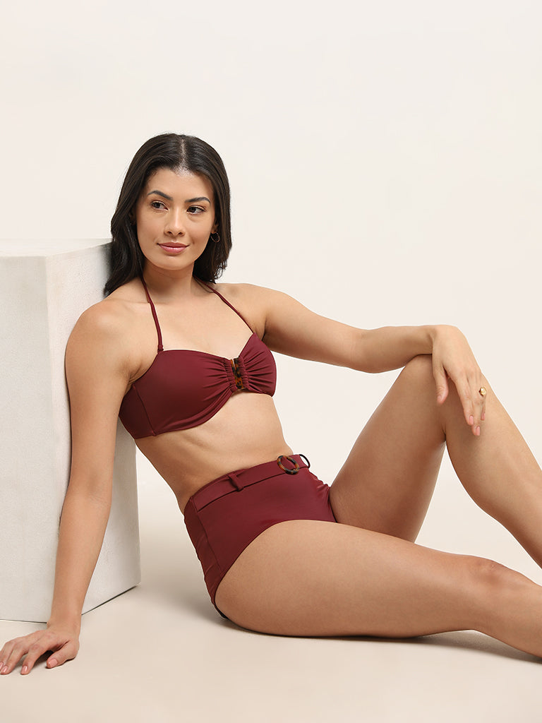 Wunderlove Swimwear Maroon High-Waist Belted Bikini Briefs