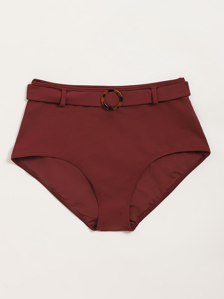 Wunderlove Swimwear Maroon High-Waist Belted Bikini Briefs