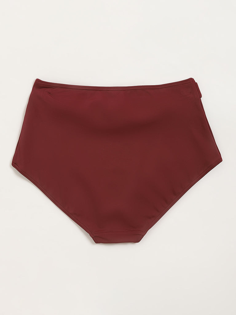 Wunderlove Swimwear Maroon High-Waist Belted Bikini Briefs