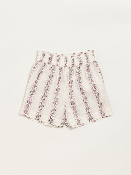 Utsa Kids Off-White Ditsy Floral Cotton Shorts