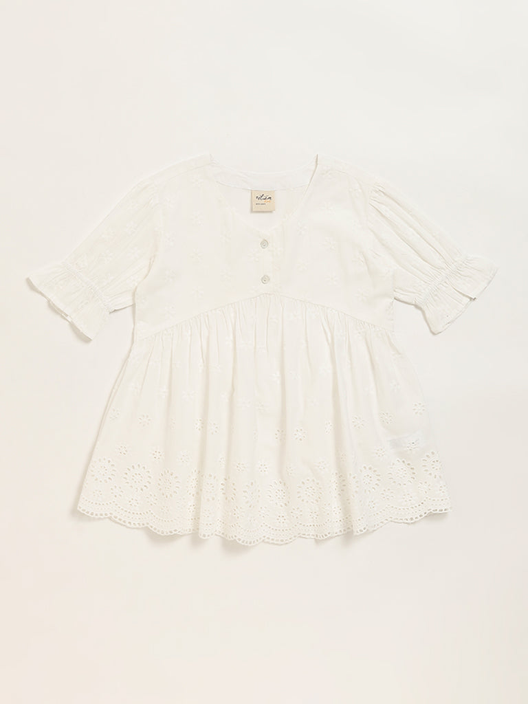 Utsa Kids White Schiffli Flared Cotton Top - (8 -14yrs)