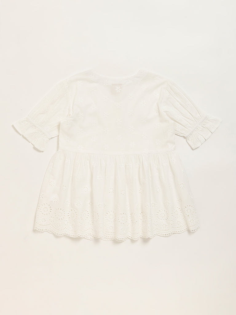Utsa Kids White Schiffli Flared Cotton Top - (8 -14yrs)