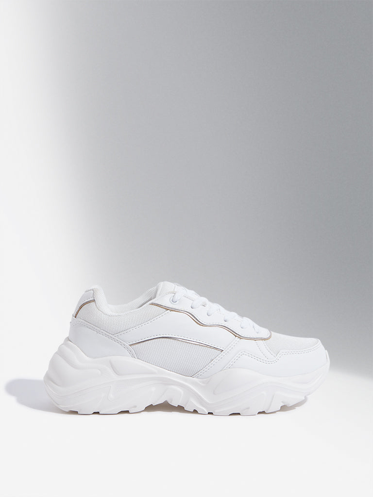 Westside LUNA BLU Women's Gold & White Lace-Up Chunky Sneakers for Casual Wear Side View