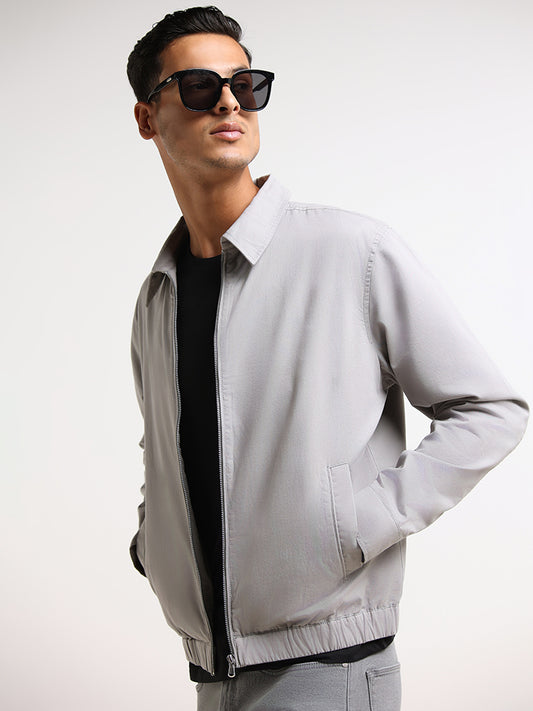 Ascot Grey Cotton Blend Relaxed Fit Bomber Jacket