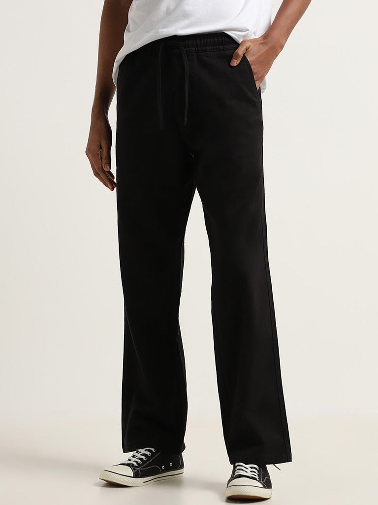 Nuon Black Cotton Relaxed Fit Mid Rise Pants