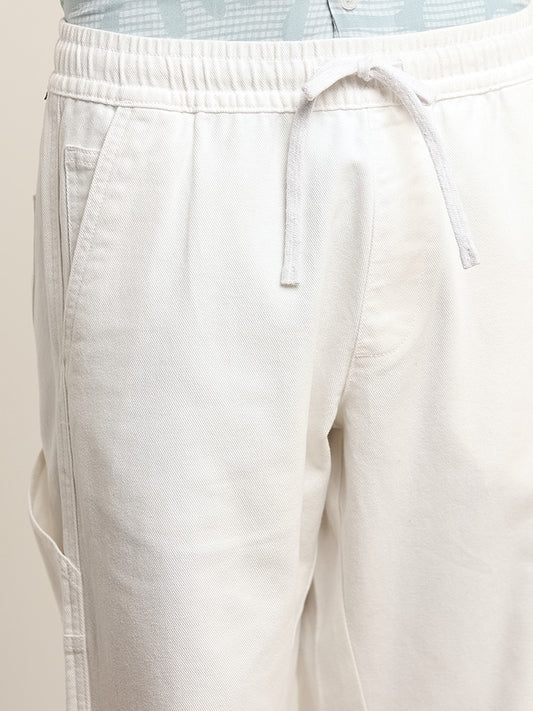 Nuon White Relaxed Fit Solid Cotton Mid Rise Pants